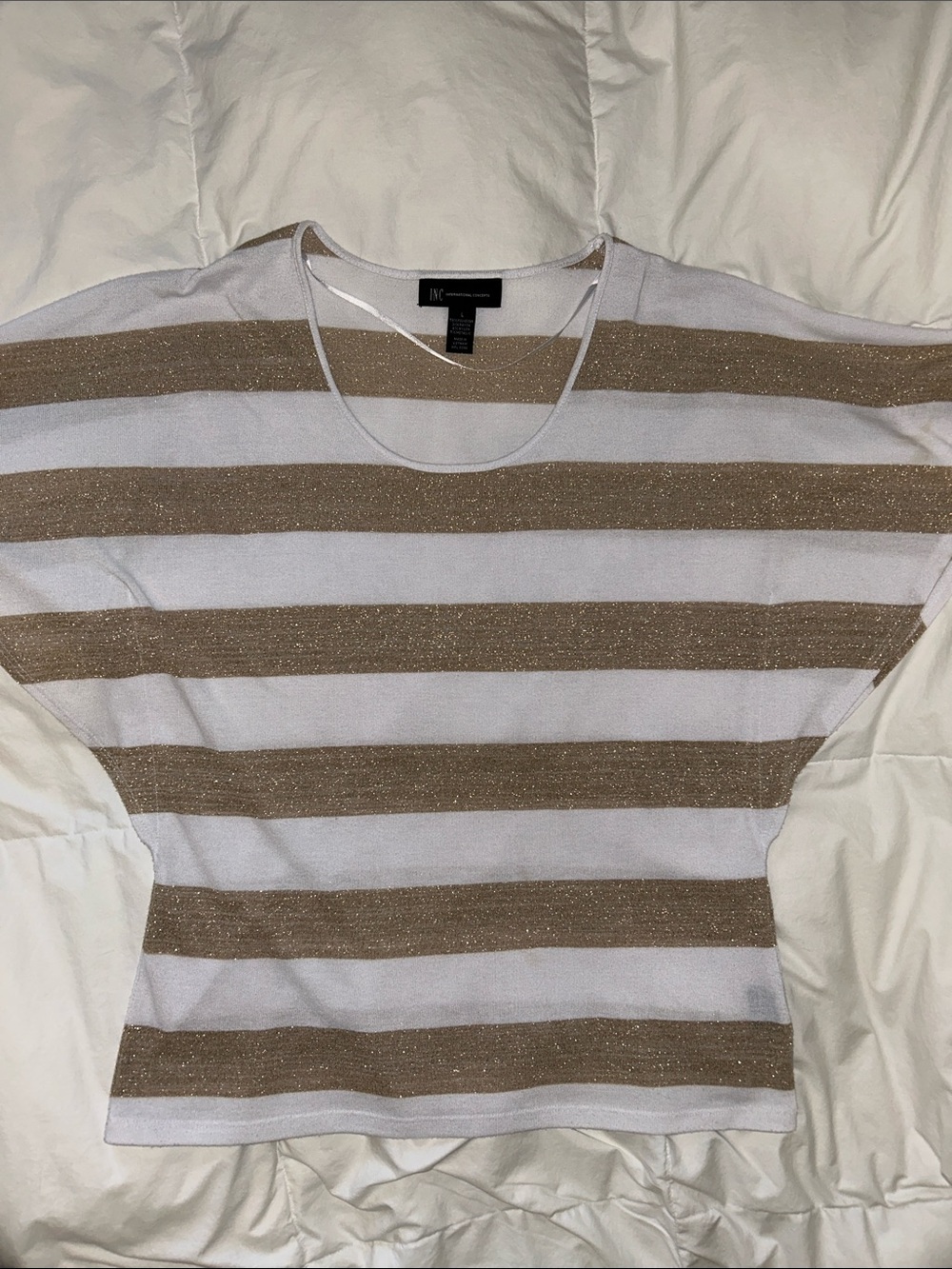 INC International Concepts White and Gold Metallic Striped Top